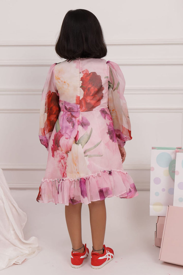 Floral Print Dress with Neck Tie up – Purple Designer Dress for Girls | PNK – Isha Arora India