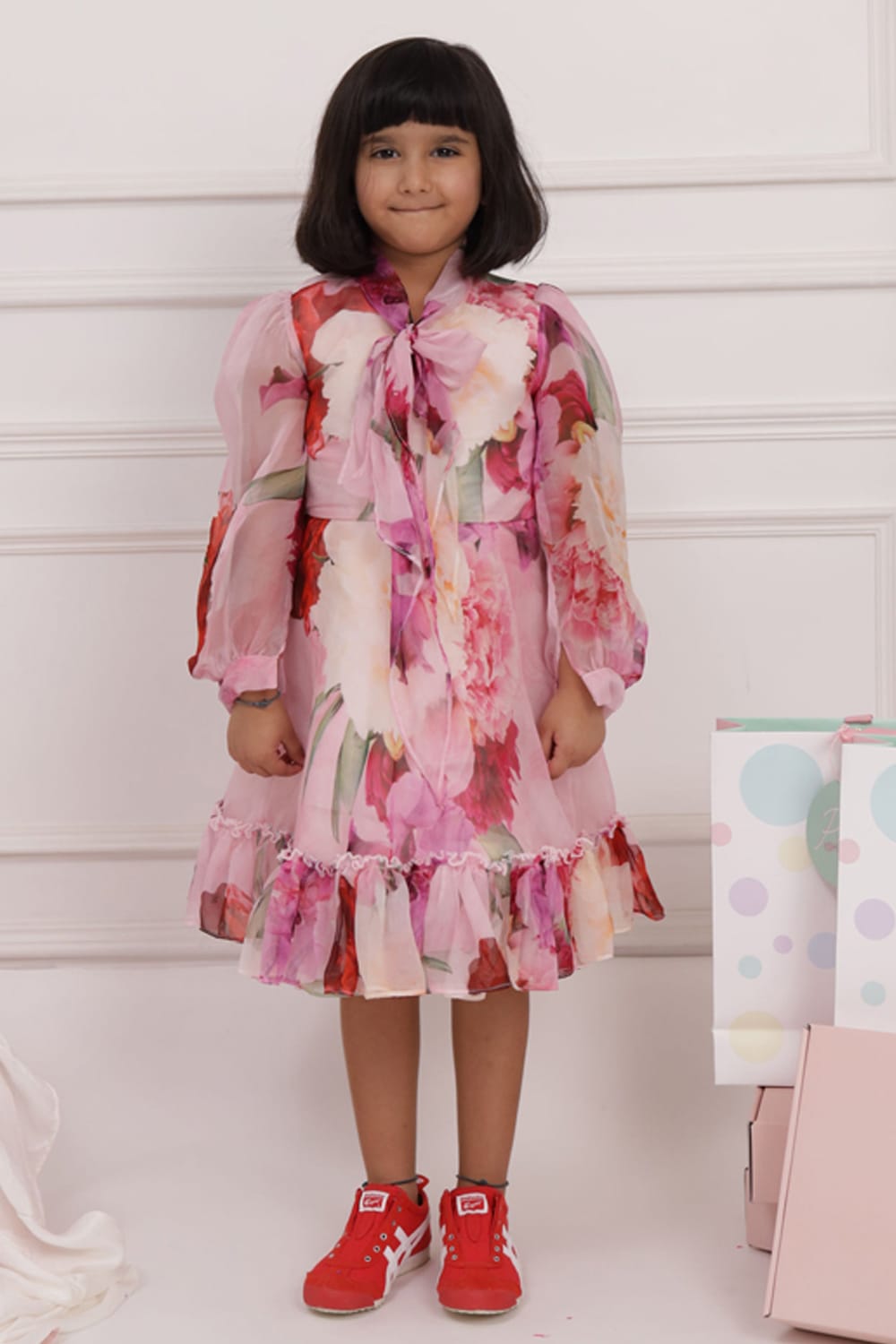 Floral Print Dress with Neck Tie up – Purple Designer Dress for Girls | PNK – Isha Arora India