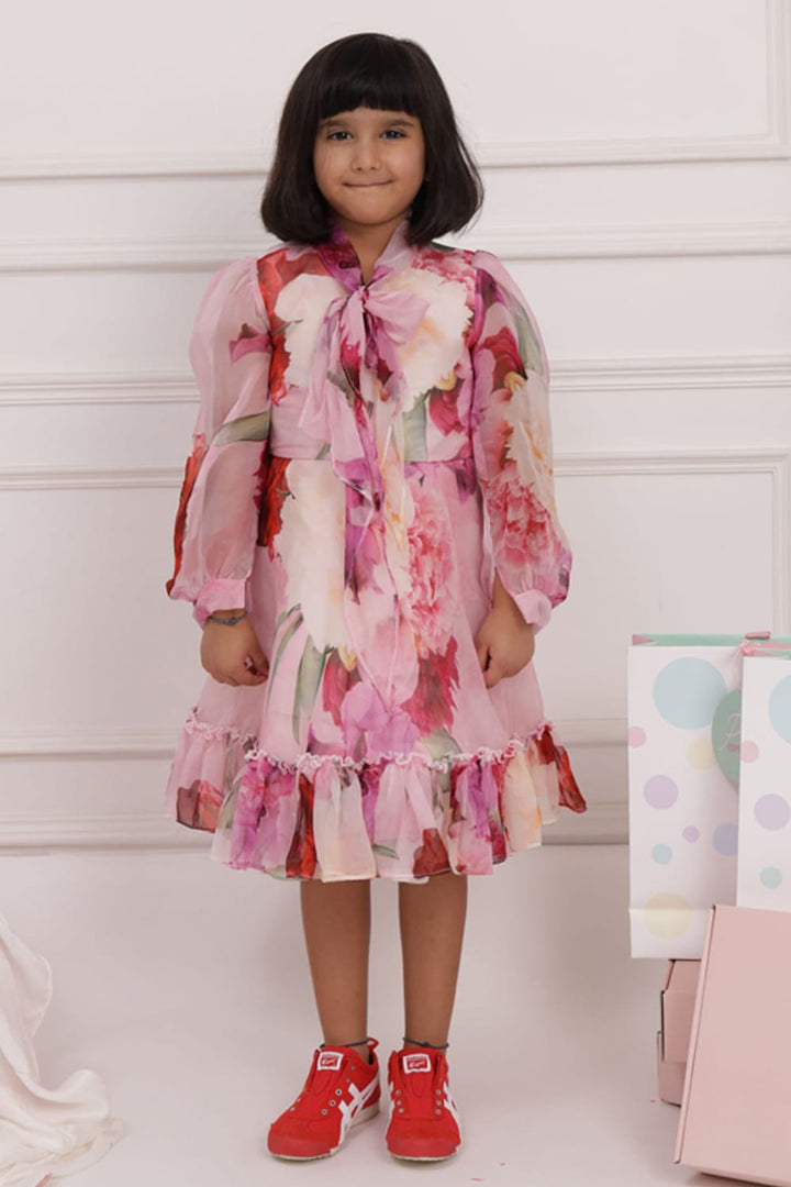 Floral Print Dress with Neck Tie up – Purple Designer Dress for Girls | PNK – Isha Arora India
