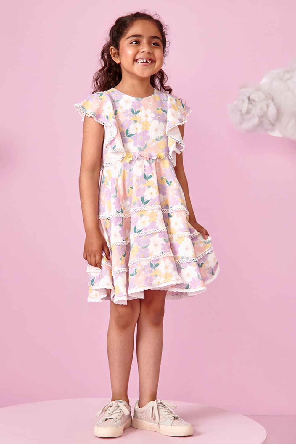 Floral Print Princess Panelled Frill & Laced Dress – Designer Dress for Girls | PNK – Isha Arora India