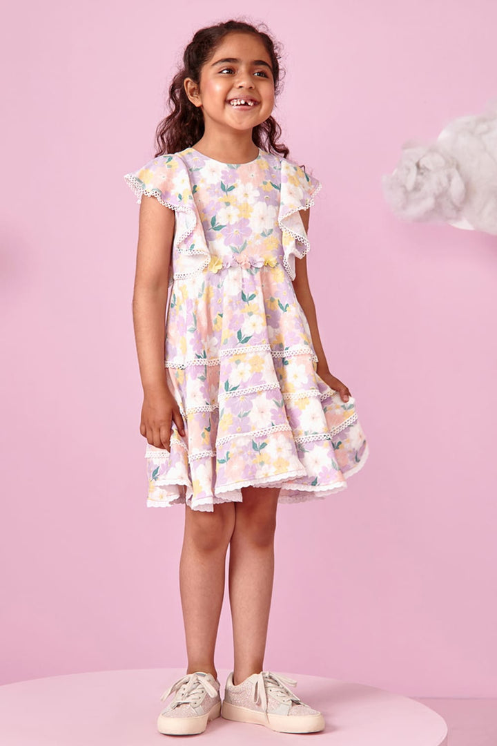 Floral Print Princess Panelled Frill & Laced Dress – Designer Dress for Girls | PNK – Isha Arora India