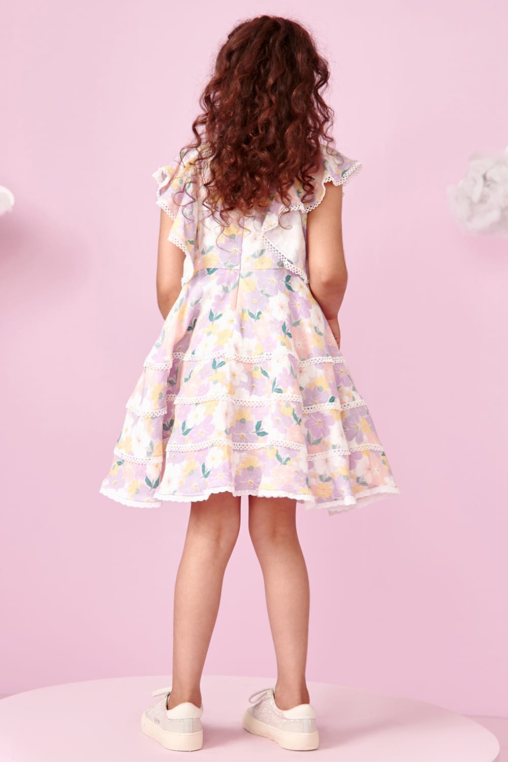 Floral Print Princess Panelled Frill & Laced Dress – Designer Dress for Girls | PNK – Isha Arora India