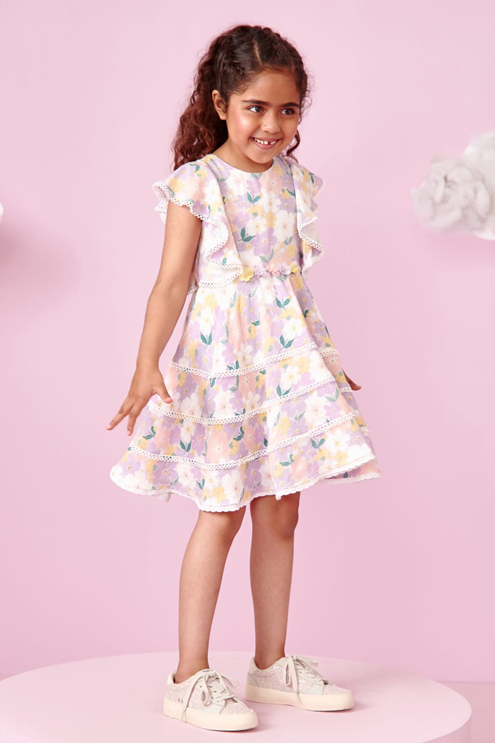 Floral Print Princess Panelled Frill & Laced Dress – Designer Dress for Girls | PNK – Isha Arora India