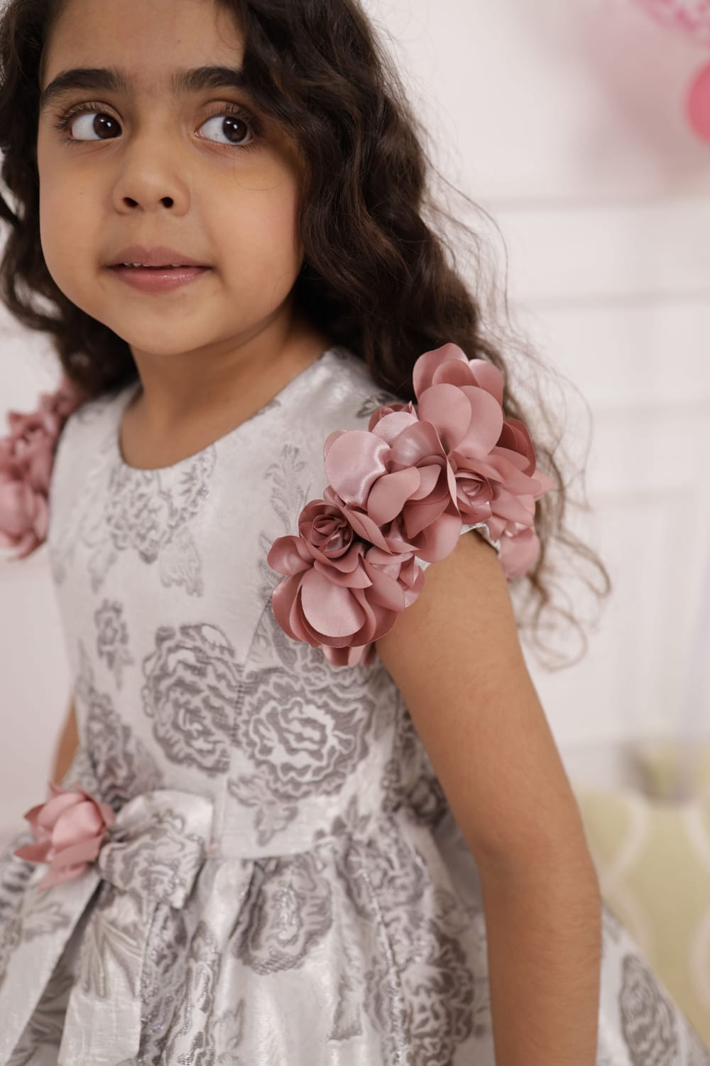 Grey Jacquard Dress – Grey Designer Dress for Girls | PNK – Isha Arora India