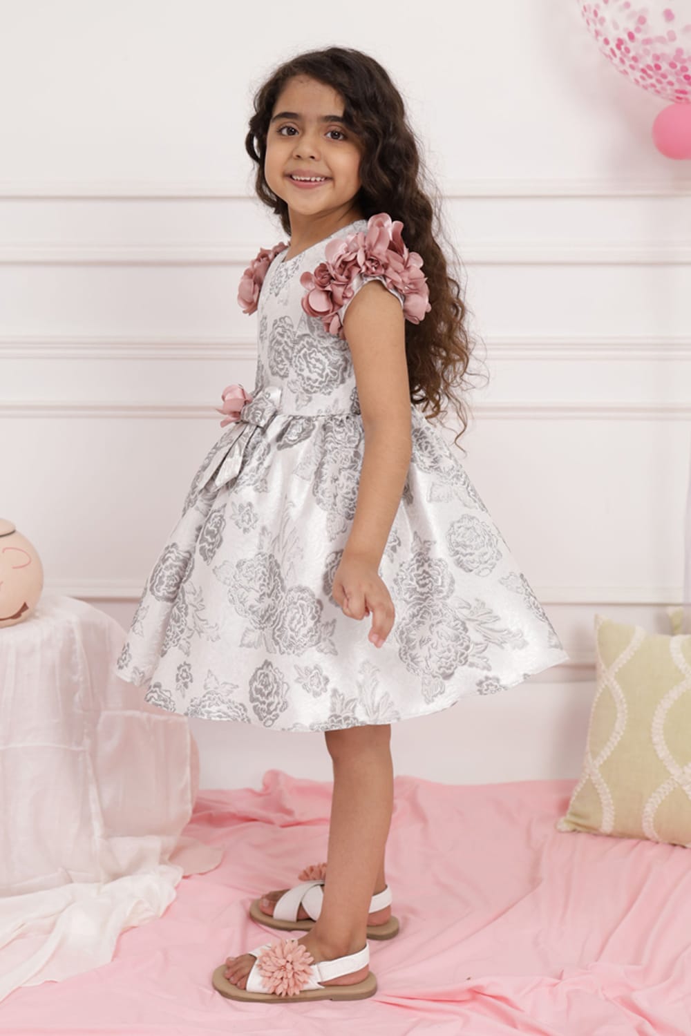 Grey Jacquard Dress – Grey Designer Dress for Girls | PNK – Isha Arora India