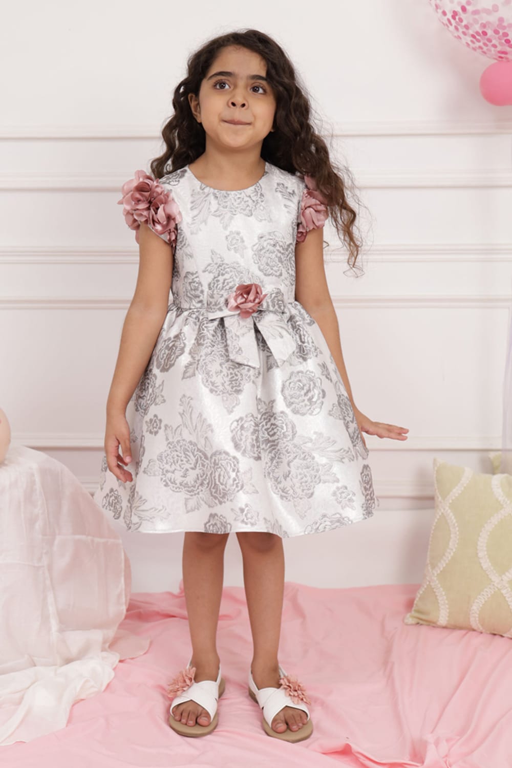 Grey Jacquard Dress – Grey Designer Dress for Girls | PNK – Isha Arora India