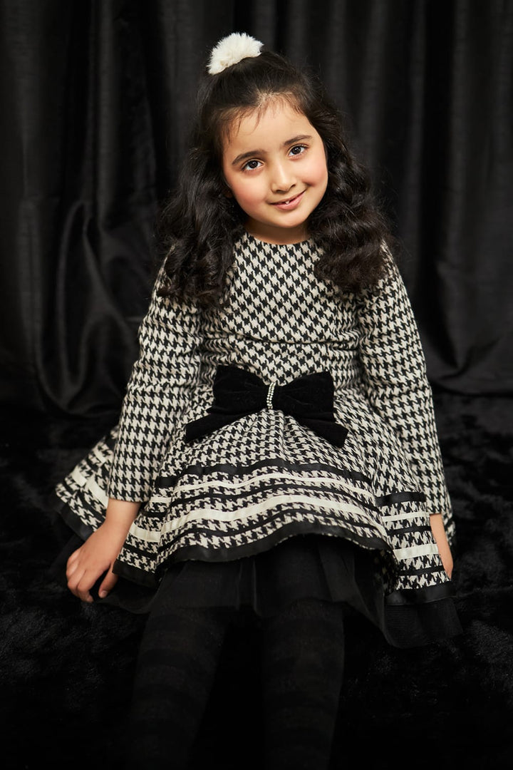 Houndstooth Classic Bow Dress – Black Designer Dress for Girls | PNK – Isha Arora India