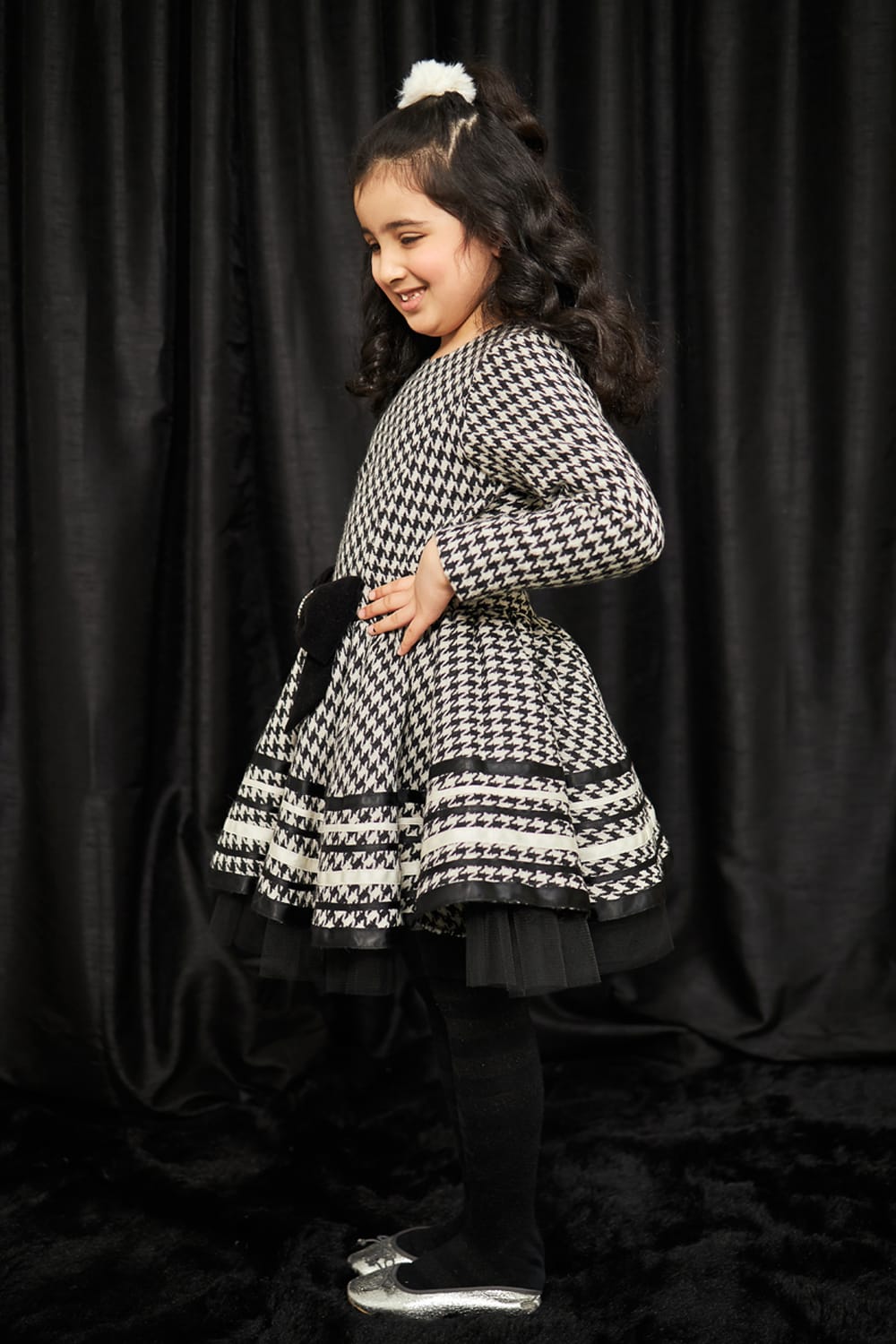 Houndstooth Classic Bow Dress – Black Designer Dress for Girls | PNK – Isha Arora India