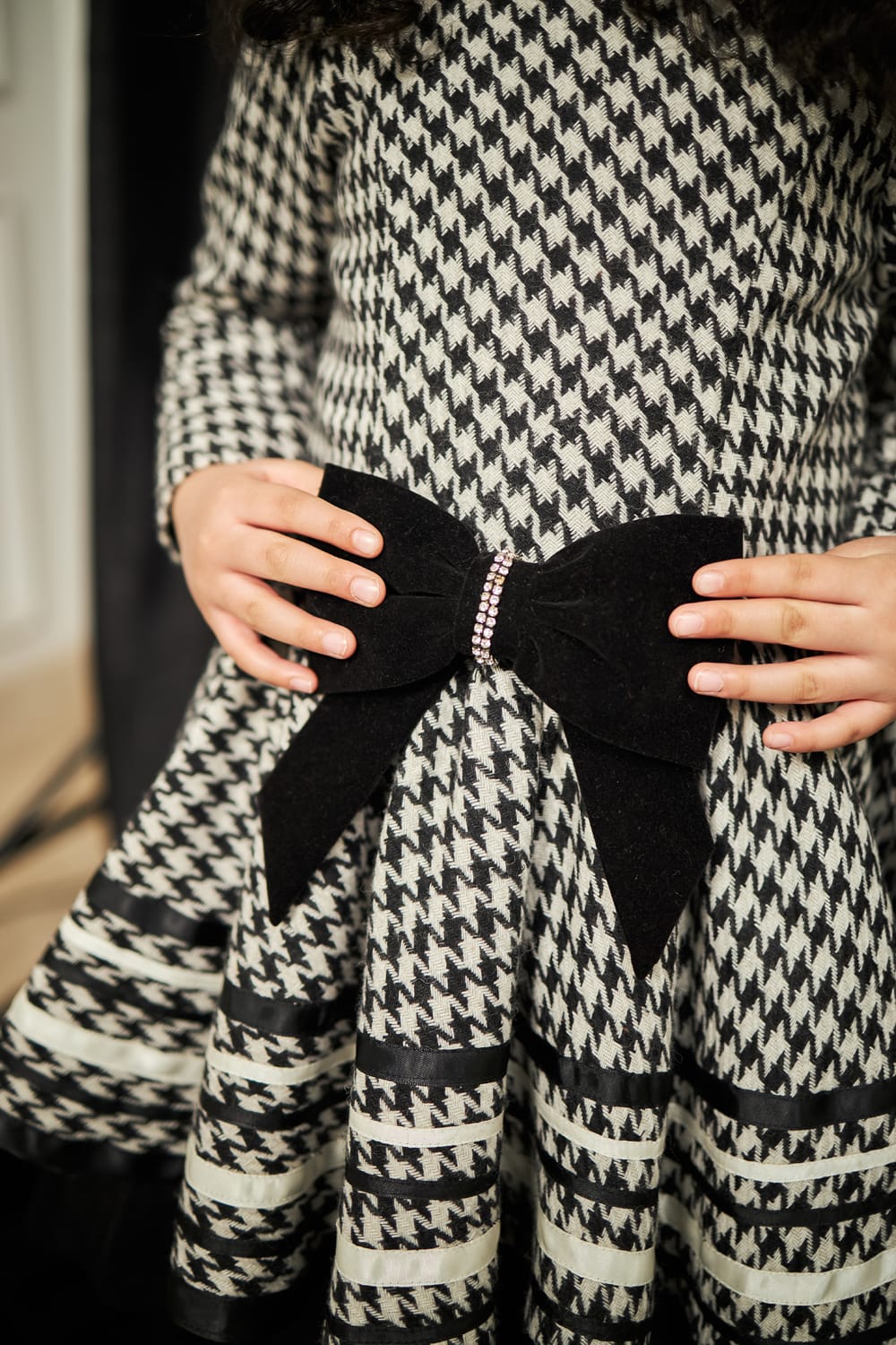 Houndstooth Classic Bow Dress – Black Designer Dress for Girls | PNK – Isha Arora India