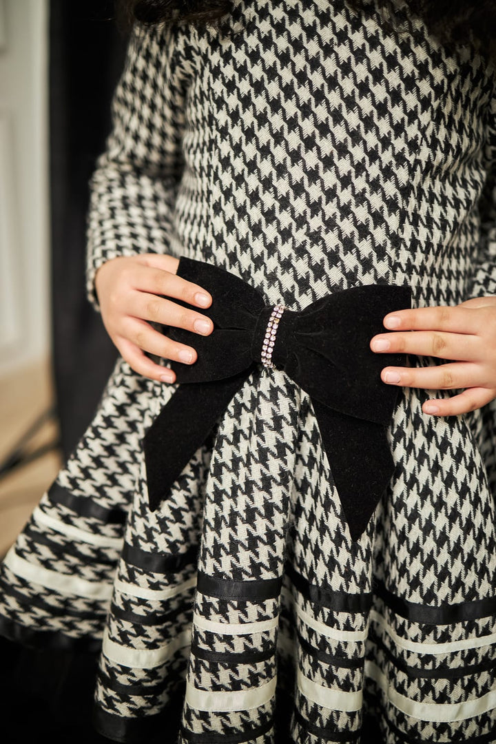 Houndstooth Classic Bow Dress – Black Designer Dress for Girls | PNK – Isha Arora India