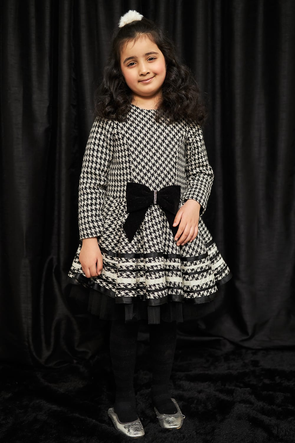 Houndstooth Classic Bow Dress – Black Designer Dress for Girls | PNK – Isha Arora India