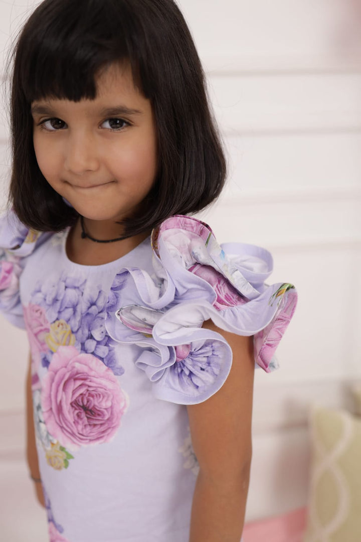 Lilac Floral Print Ruffle Sleeve Dress – Purple Designer Dress for Girls | PNK – Isha Arora India