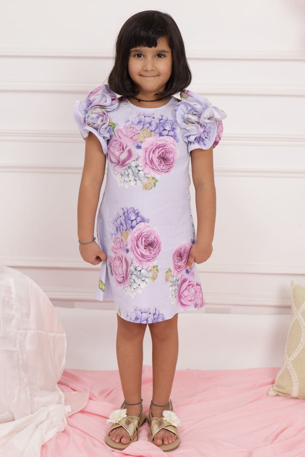 Lilac Floral Print Ruffle Sleeve Dress – Purple Designer Dress for Girls | PNK – Isha Arora India