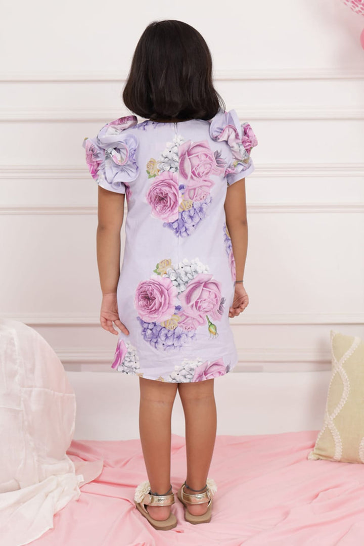 Lilac Floral Print Ruffle Sleeve Dress – Purple Designer Dress for Girls | PNK – Isha Arora India