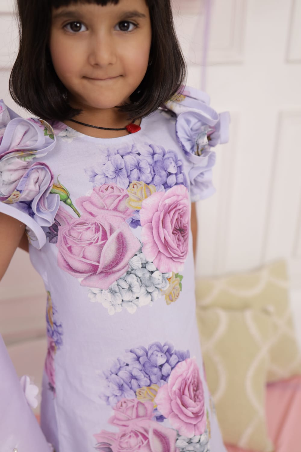 Lilac Floral Print Ruffle Sleeve Dress – Purple Designer Dress for Girls | PNK – Isha Arora India