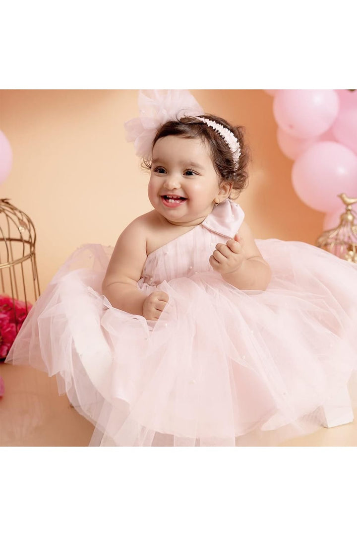 One Shoulder Blush Pink Pearls Birthday Dress – Pink Designer Dress for Girls | PNK – Isha Arora India