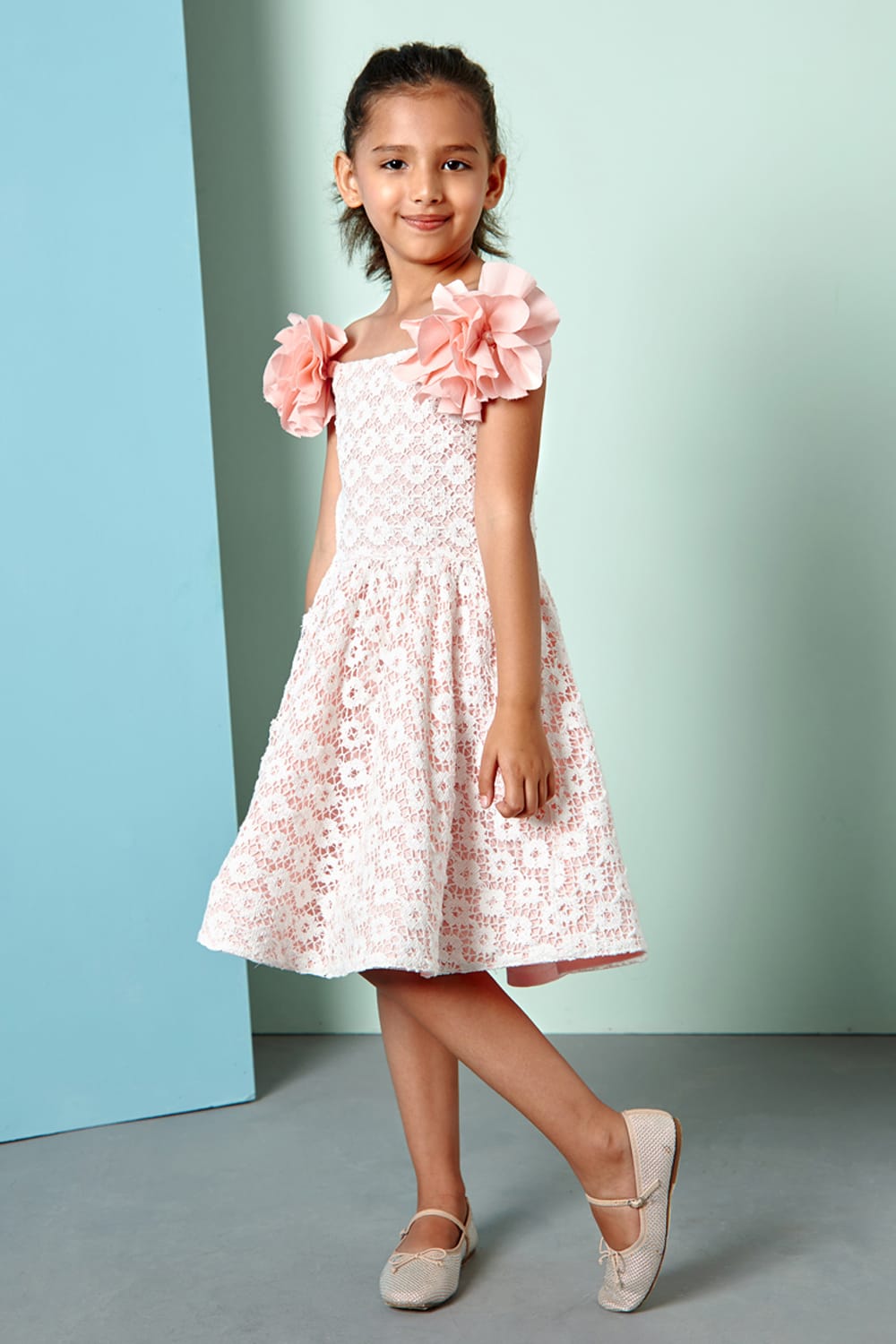 Pink Off-Shoulder Cotton Crochet Dress – Pink Designer Dress for Girls | PNK – Isha Arora India