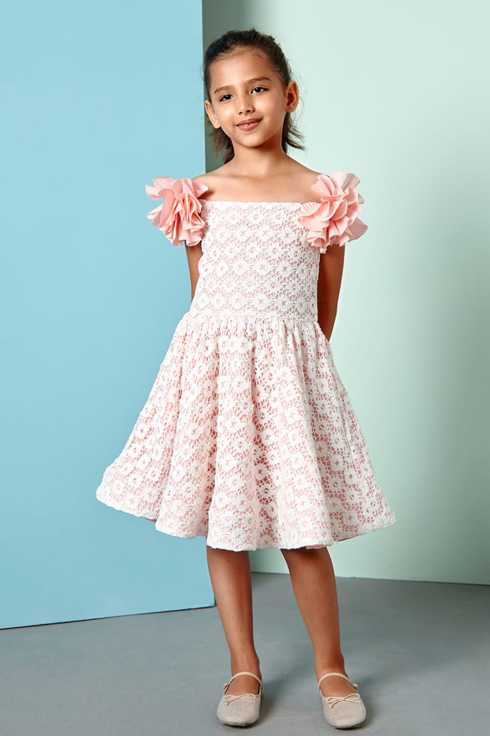 Pink Off-Shoulder Cotton Crochet Dress – Pink Designer Dress for Girls | PNK – Isha Arora India