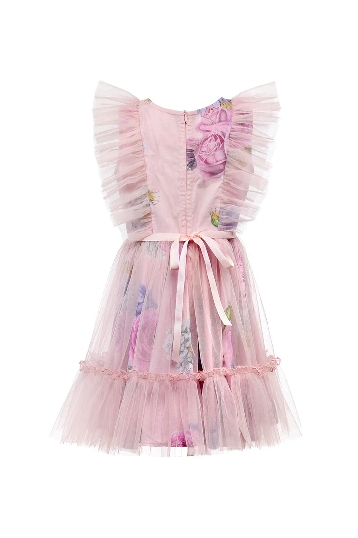 Pink Print Dress With Net Overlay – Pink Designer Dress for Girls | PNK – Isha Arora India