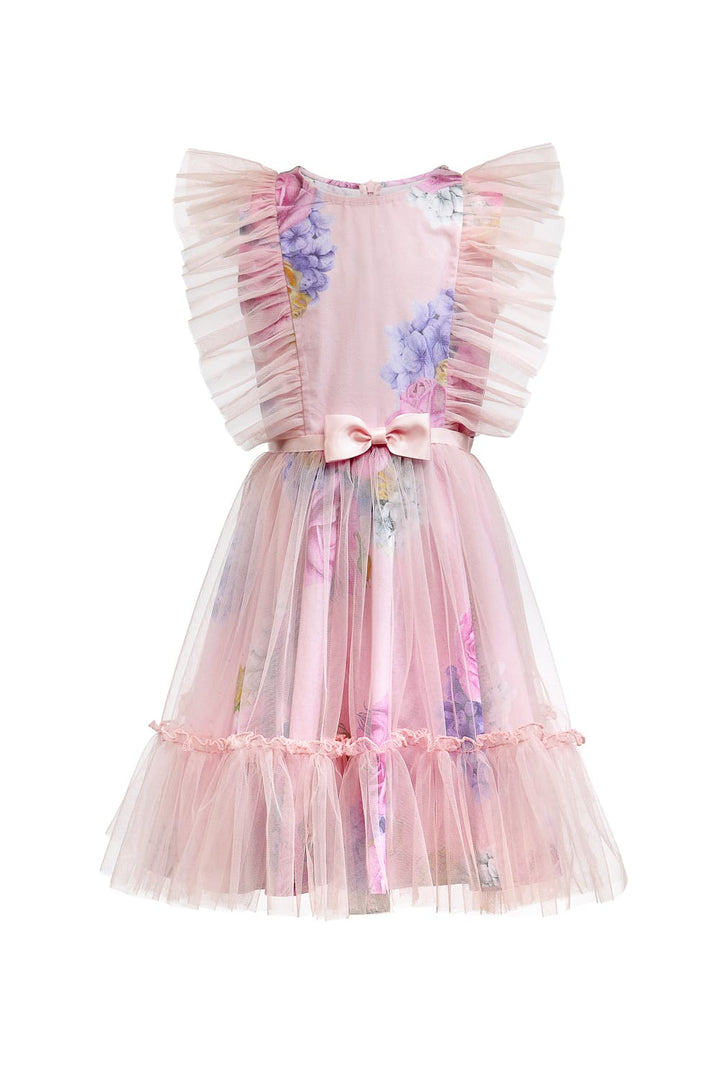 Pink Print Dress With Net Overlay – Pink Designer Dress for Girls | PNK – Isha Arora India