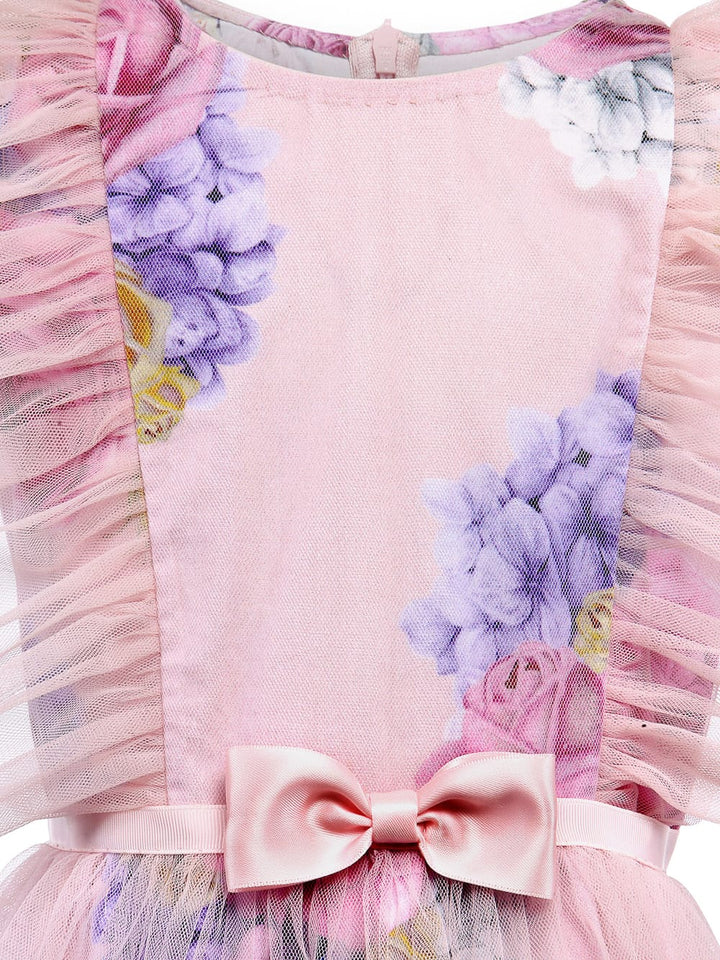 Pink Print Dress With Net Overlay – Pink Designer Dress for Girls | PNK – Isha Arora India