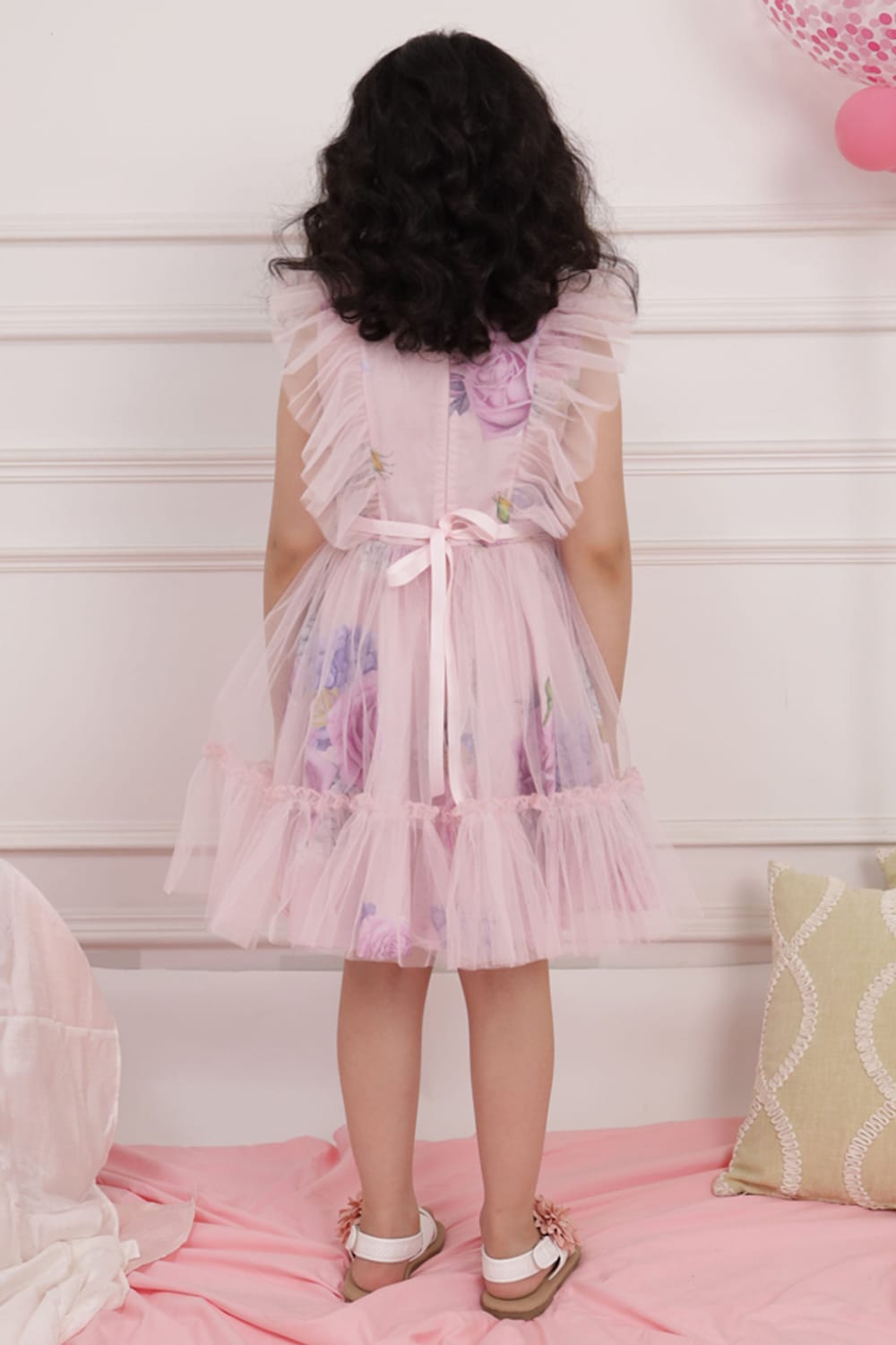 Pink Print Dress With Net Overlay – Pink Designer Dress for Girls | PNK – Isha Arora India