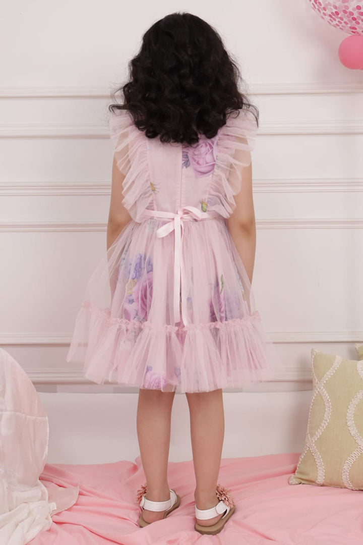 Pink Print Dress With Net Overlay – Pink Designer Dress for Girls | PNK – Isha Arora India