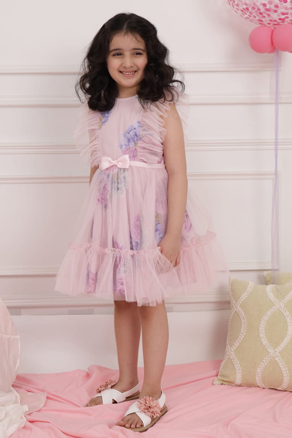 Pink Print Dress With Net Overlay – Pink Designer Dress for Girls | PNK – Isha Arora India