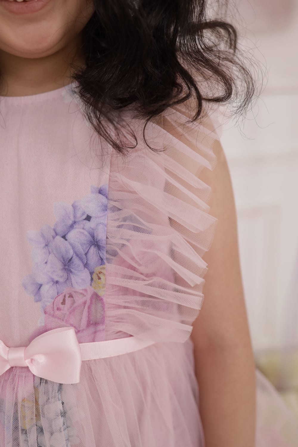 Pink Print Dress With Net Overlay – Pink Designer Dress for Girls | PNK – Isha Arora India