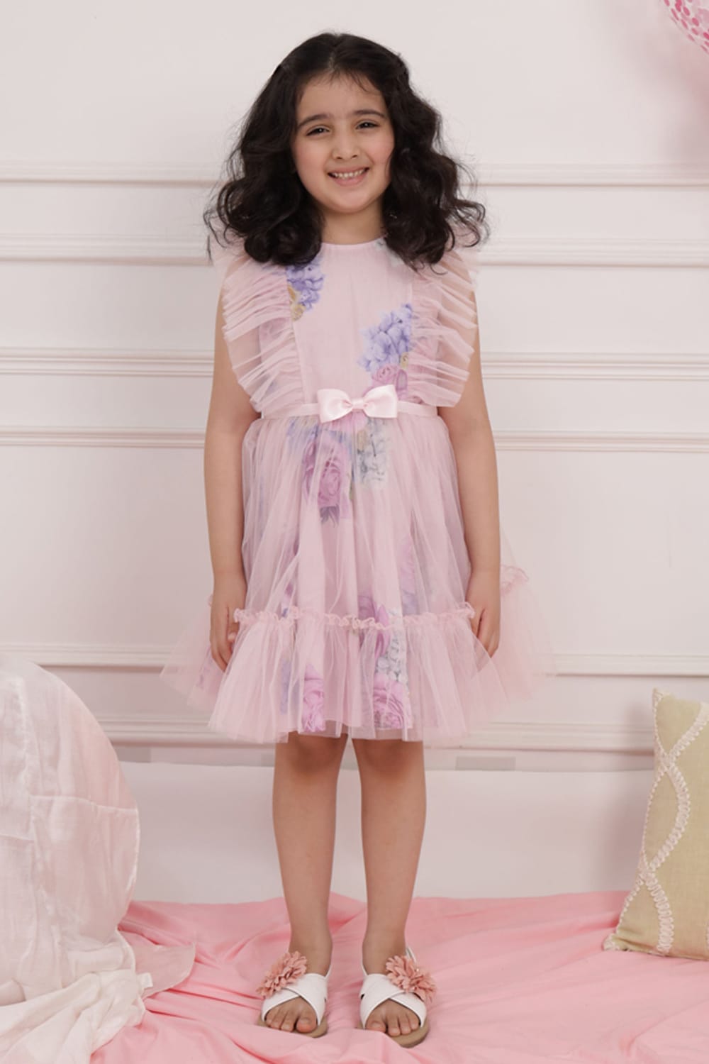 Pink Print Dress With Net Overlay – Pink Designer Dress for Girls | PNK – Isha Arora India