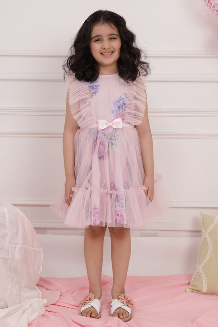 Pink Print Dress With Net Overlay – Pink Designer Dress for Girls | PNK – Isha Arora India