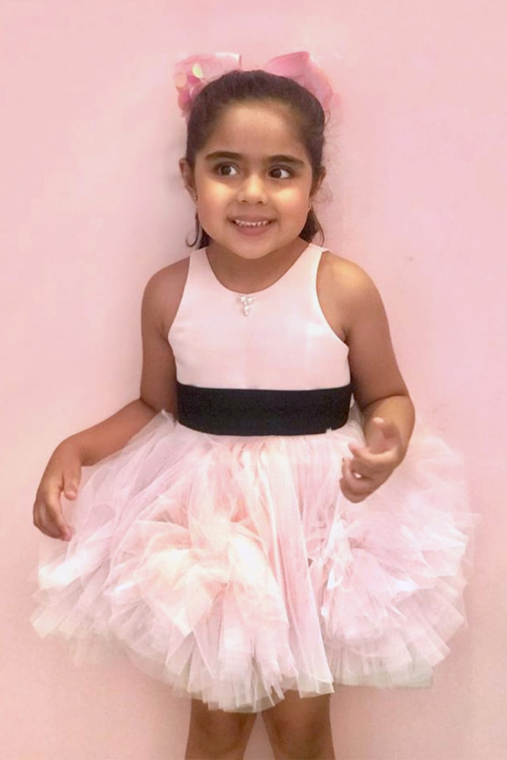 Pinklicious Soft Pink Big Tulle Flowers Dress With Black Sash Birthday Dress – Pink Designer Dress for Girls | PNK – Isha Ar…