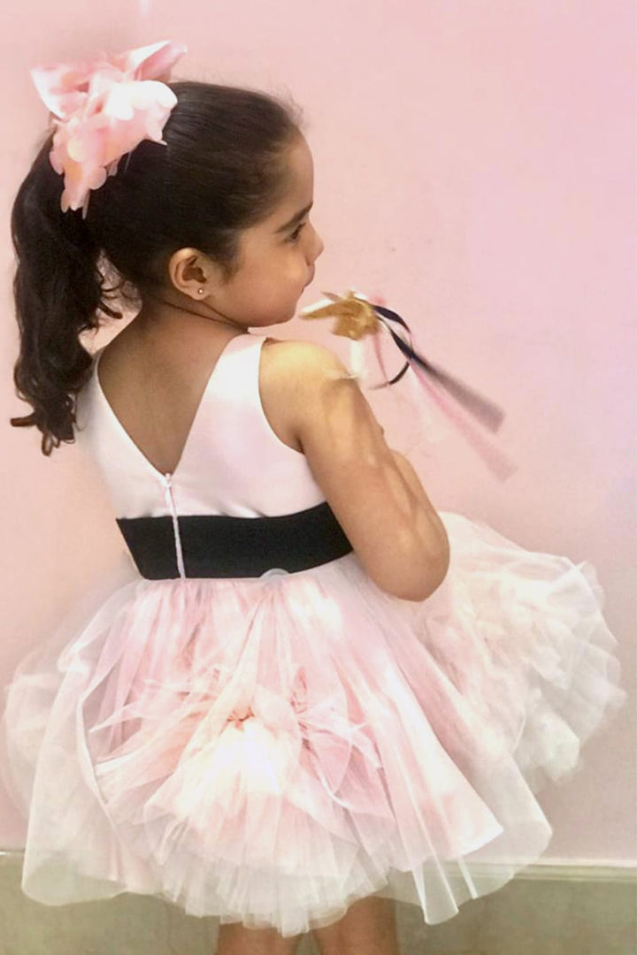 Pinklicious Soft Pink Big Tulle Flowers Dress With Black Sash Birthday Dress – Pink Designer Dress for Girls | PNK – Isha Ar…