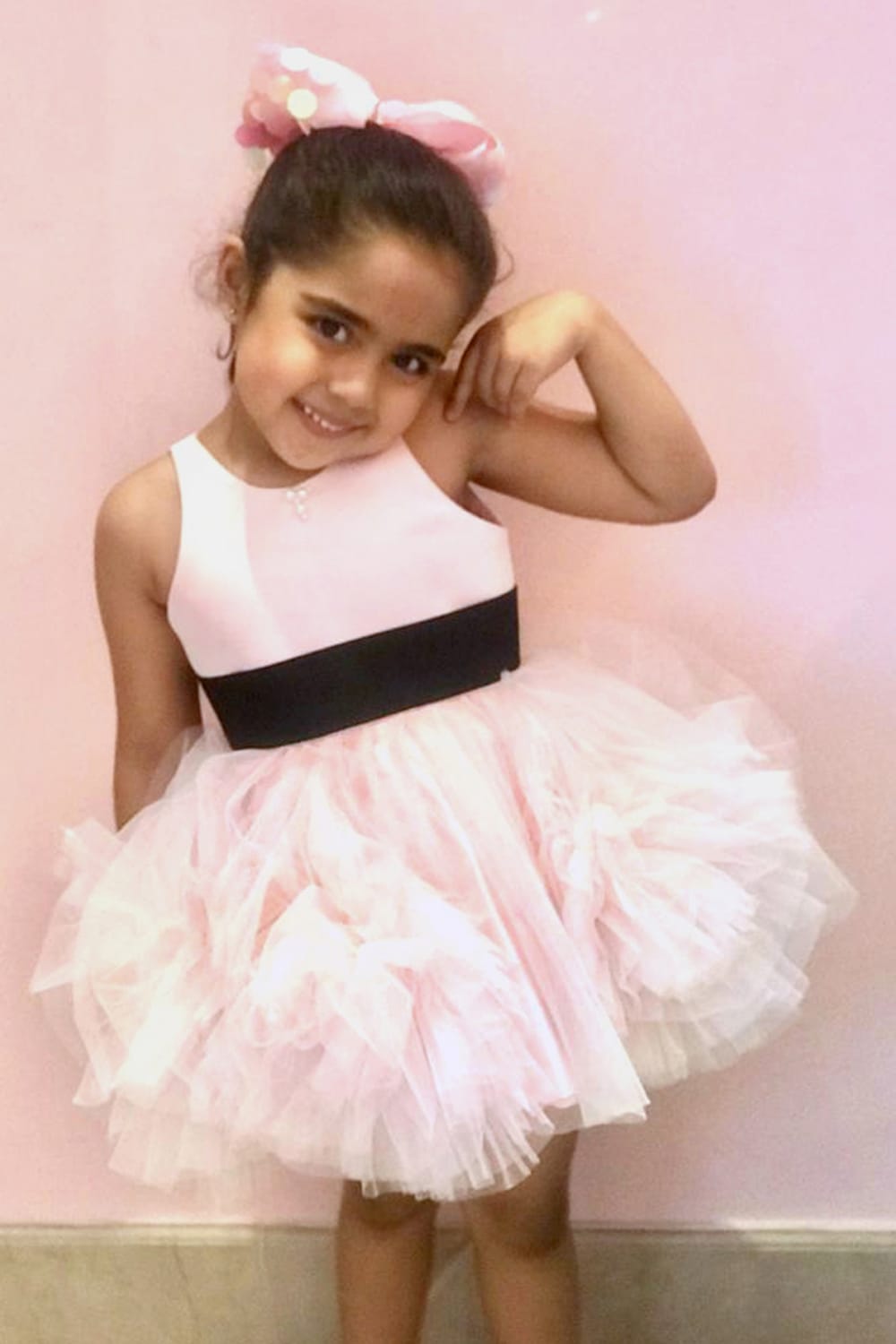 Pinklicious Soft Pink Big Tulle Flowers Dress With Black Sash Birthday Dress – Pink Designer Dress for Girls | PNK – Isha Ar…