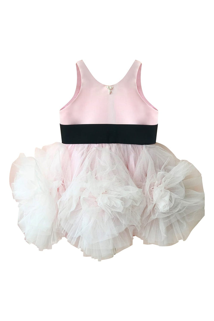 Pinklicious Soft Pink Big Tulle Flowers Dress With Black Sash Birthday Dress – Pink Designer Dress for Girls | PNK – Isha Ar…