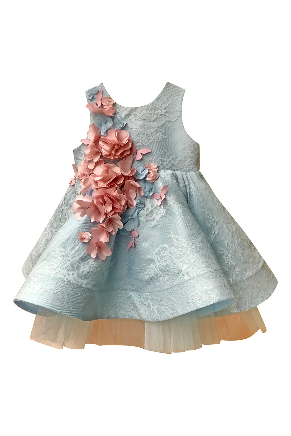 Soft Blue Lace Overlay Dress With Soft Pink Flowers Birthday Dress – Blue Designer Dress for Girls | PNK – Isha Arora India