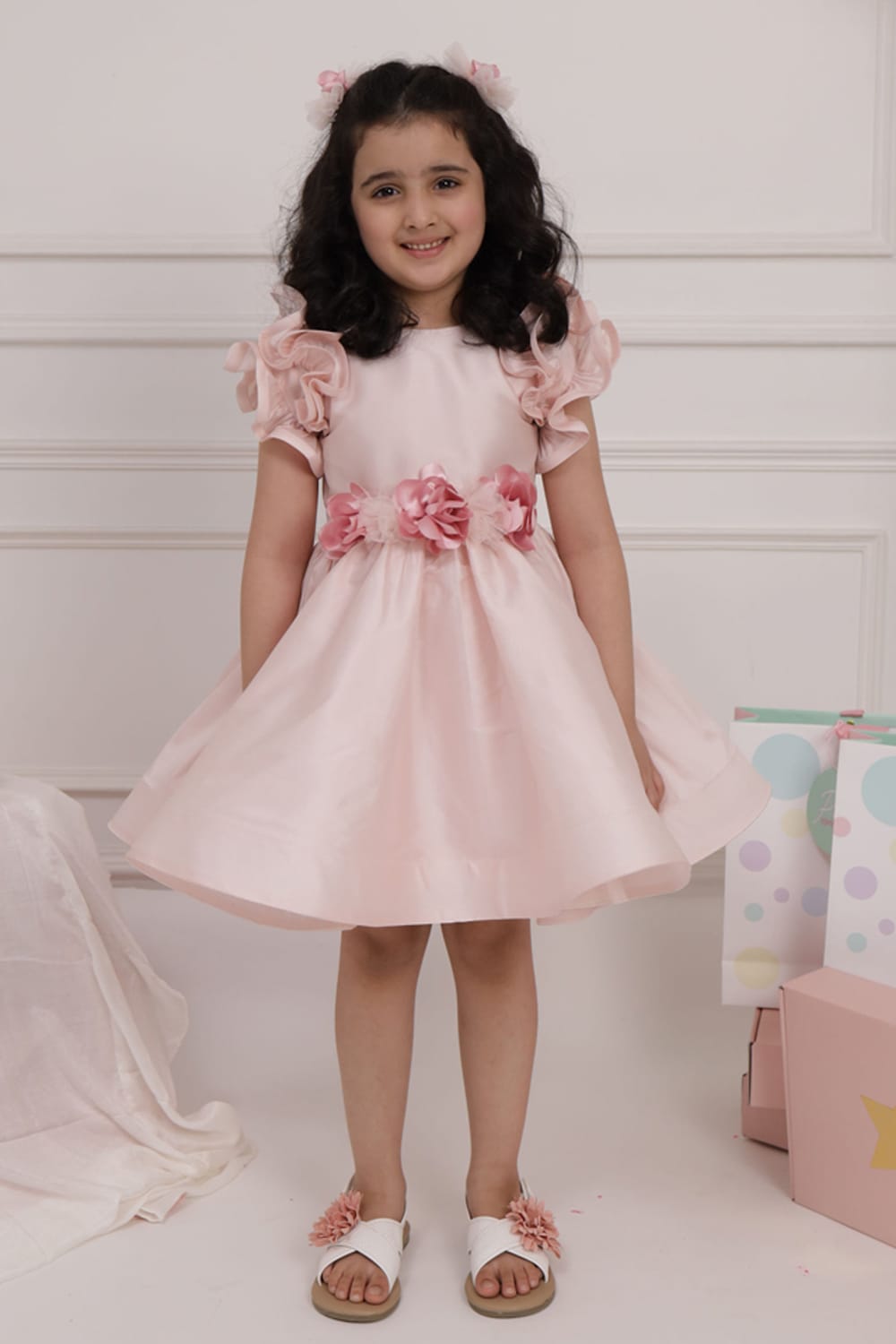 Soft Pink Ruffle Sleeve Flared Birthday Dress – Pink Designer Dress for Girls | PNK – Isha Arora India