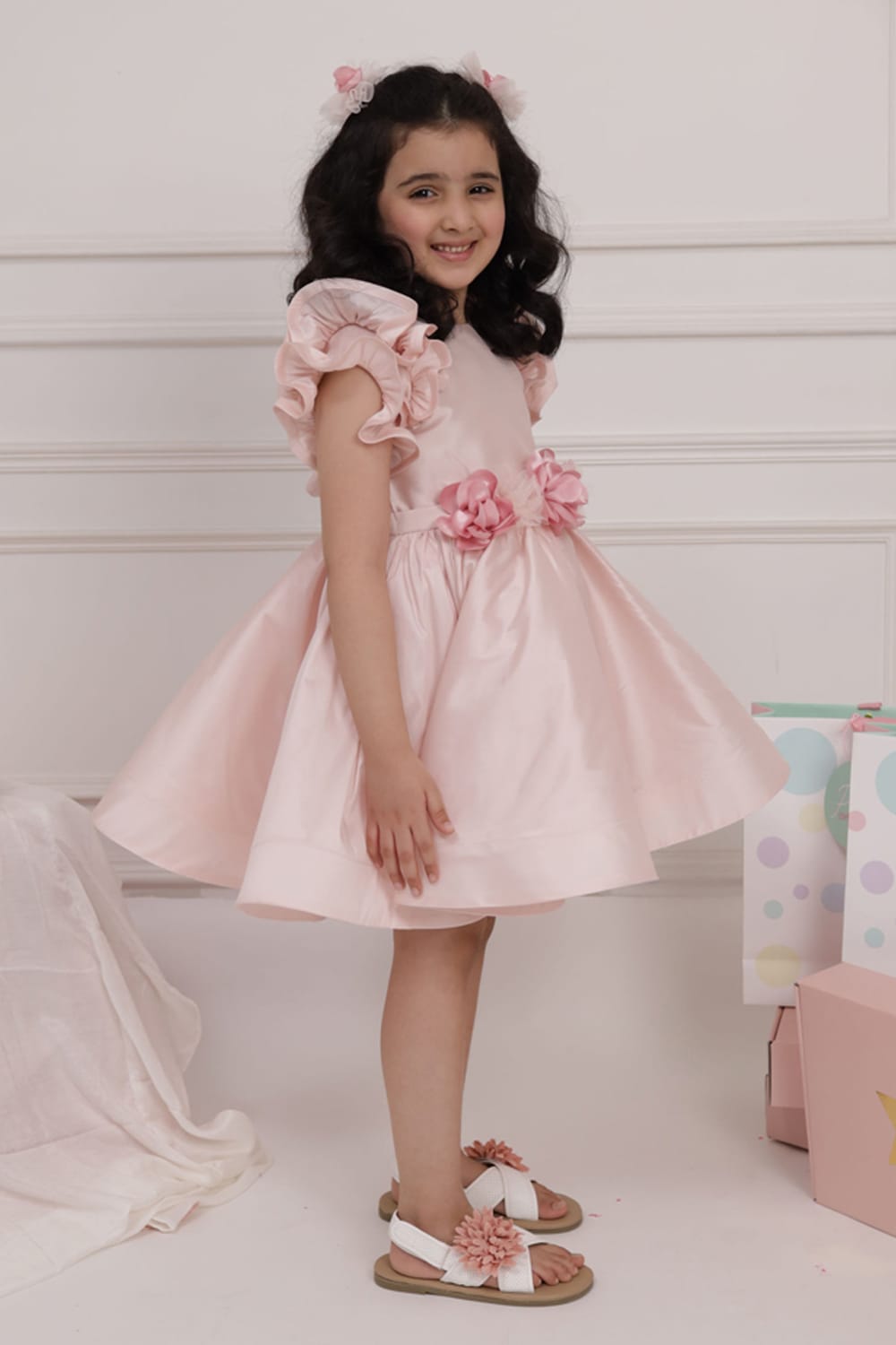Soft Pink Ruffle Sleeve Flared Birthday Dress – Pink Designer Dress for Girls | PNK – Isha Arora India