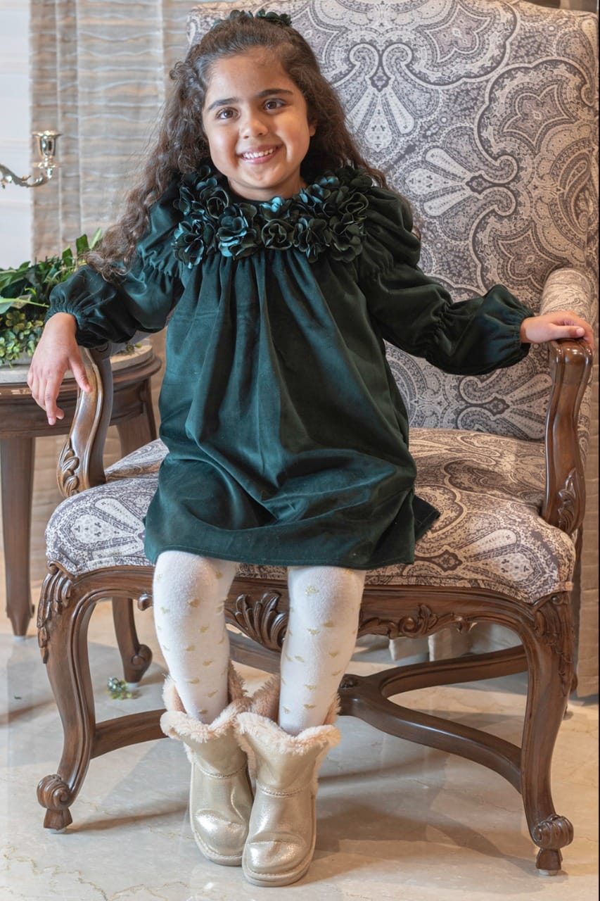 Velvet Vintage Dress – Green Designer Dress for Girls | PNK – Isha Arora India