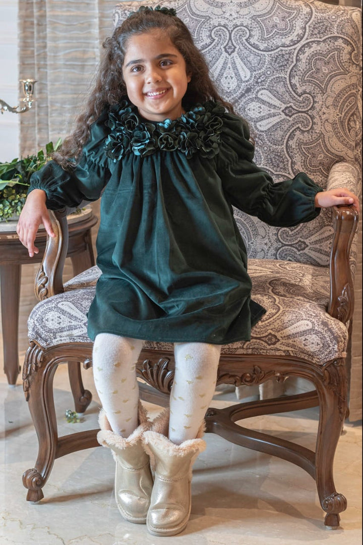 Velvet Vintage Dress – Green Designer Dress for Girls | PNK – Isha Arora India