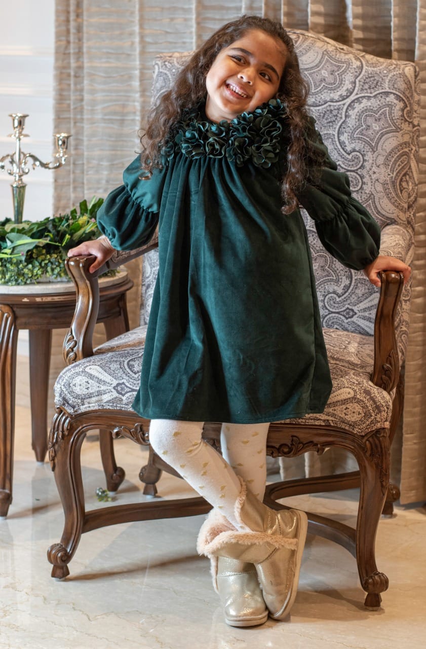 Velvet Vintage Dress – Green Designer Dress for Girls | PNK – Isha Arora India
