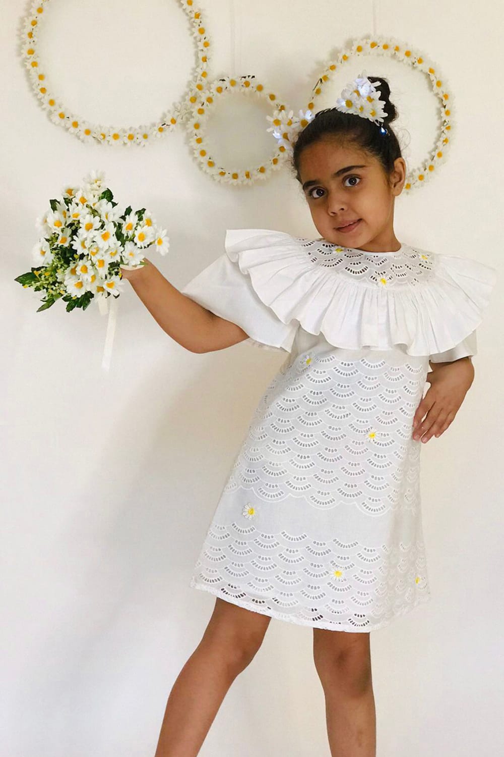 White Chikan Daisy Dress – White Designer Dress for Girls | PNK – Isha Arora India