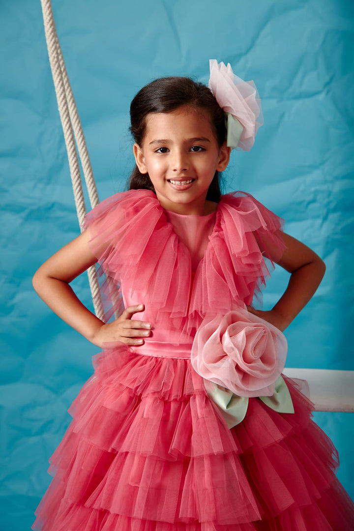 Punch Pink Tiered V-Neck Gown – Pink Designer Gown for Girls | PNK – Isha Arora India