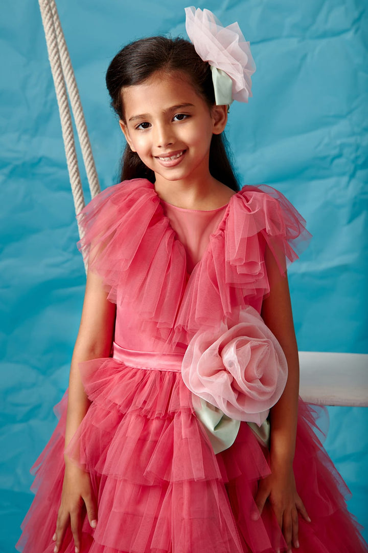 Punch Pink Tiered V-Neck Gown – Pink Designer Gown for Girls | PNK – Isha Arora India