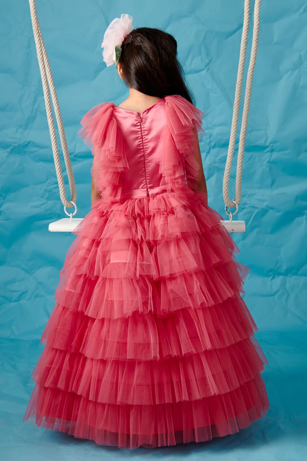 Punch Pink Tiered V-Neck Gown – Pink Designer Gown for Girls | PNK – Isha Arora India