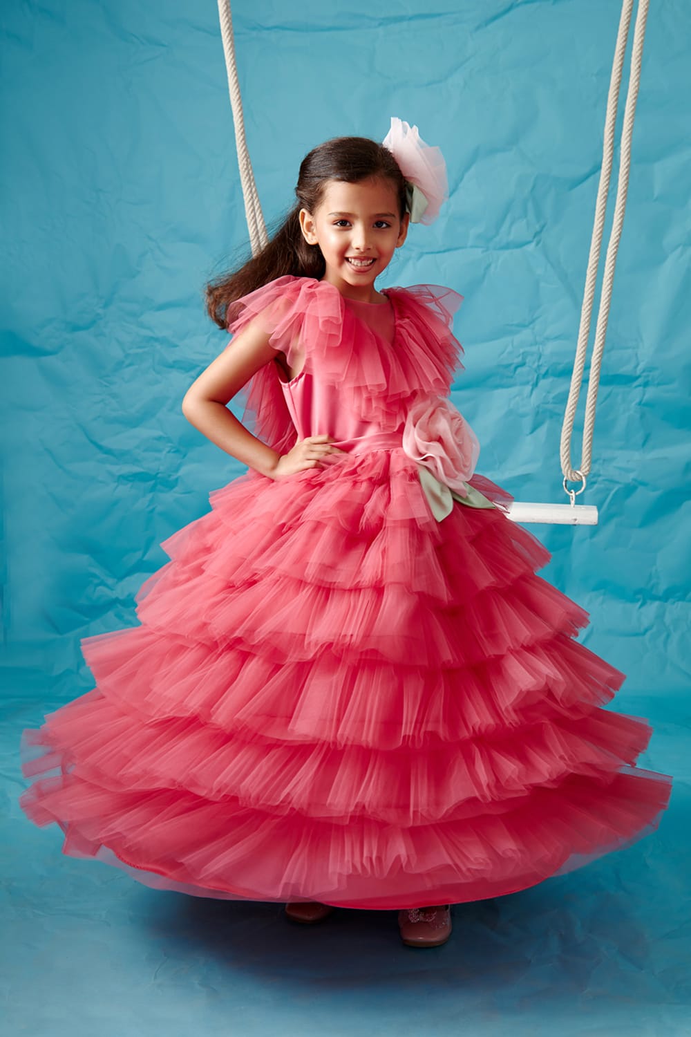 Punch Pink Tiered V-Neck Gown – Pink Designer Gown for Girls | PNK – Isha Arora India