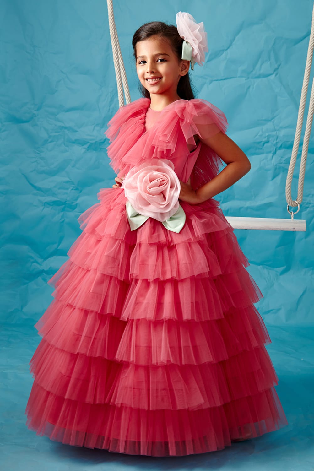 Punch Pink Tiered V-Neck Gown – Pink Designer Gown for Girls | PNK – Isha Arora India