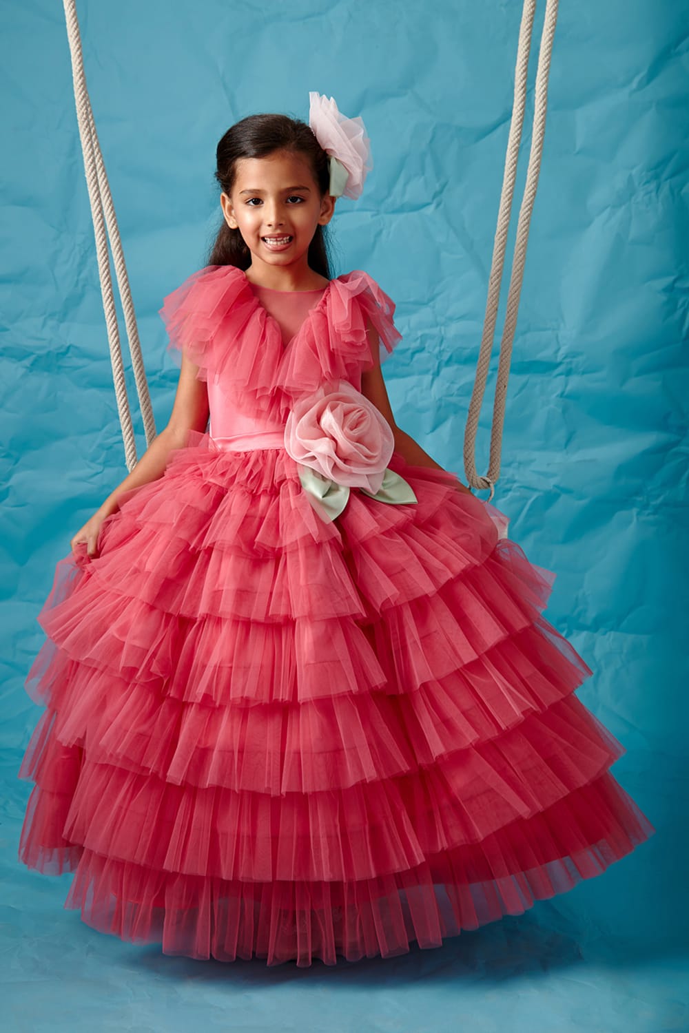 Punch Pink Tiered V-Neck Gown – Pink Designer Gown for Girls | PNK – Isha Arora India