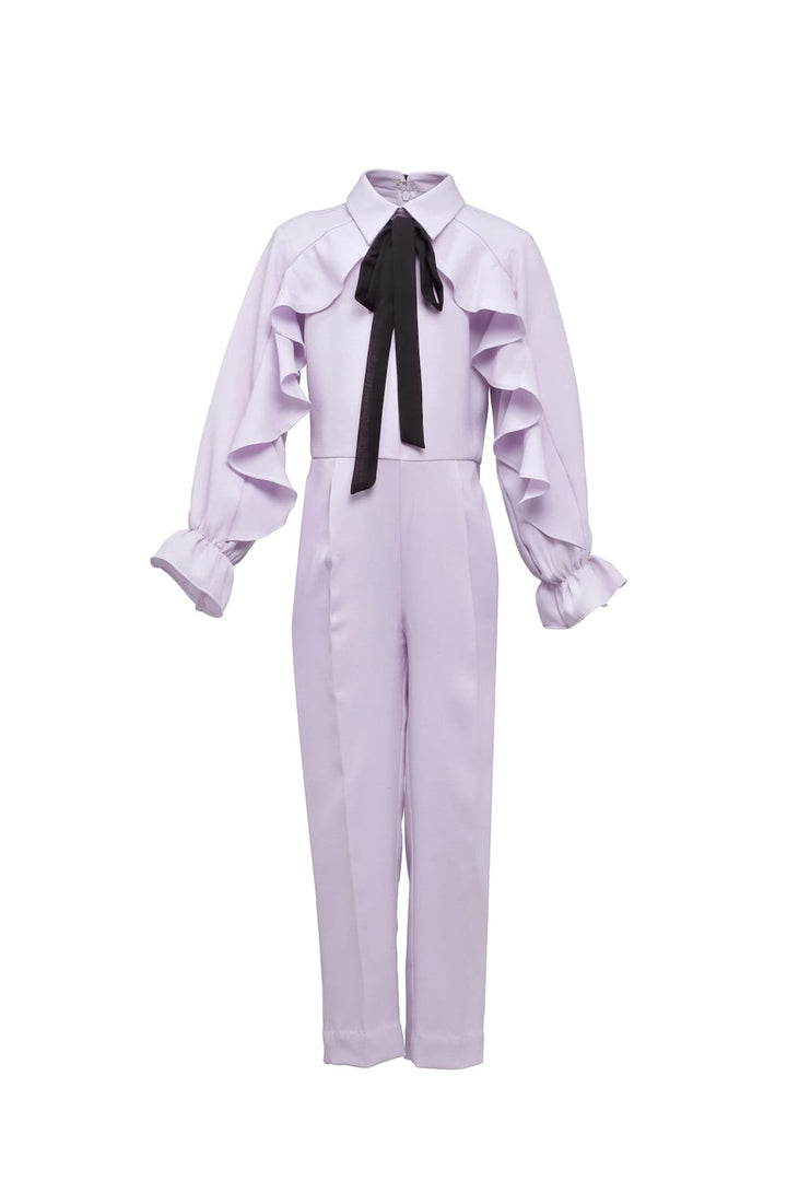 Lilac Ruffle Jumpsuit with Black Tie up – Purple Kids Jumpsuit | PNK – Isha Arora India