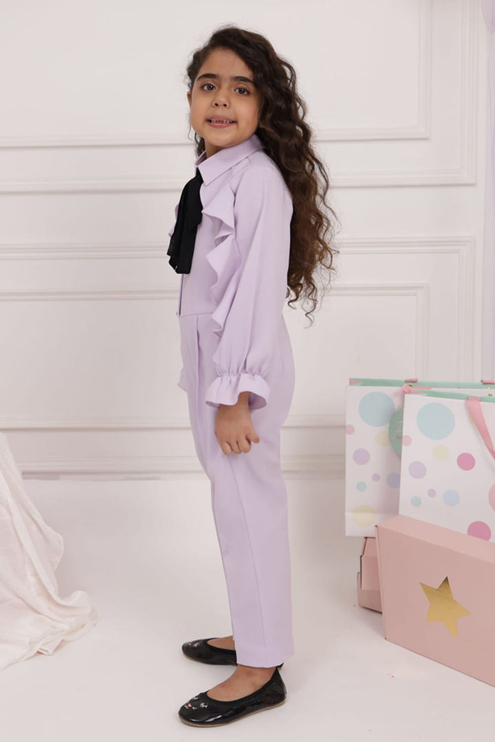 Lilac Ruffle Jumpsuit with Black Tie up – Purple Kids Jumpsuit | PNK – Isha Arora India